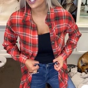 Blue B. Red Plaid shirt with fray detail. Small.